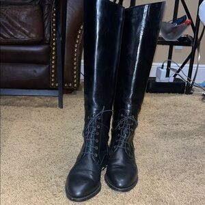 Cole Haan black knee high leather riding boots. Tie up - fashion forward